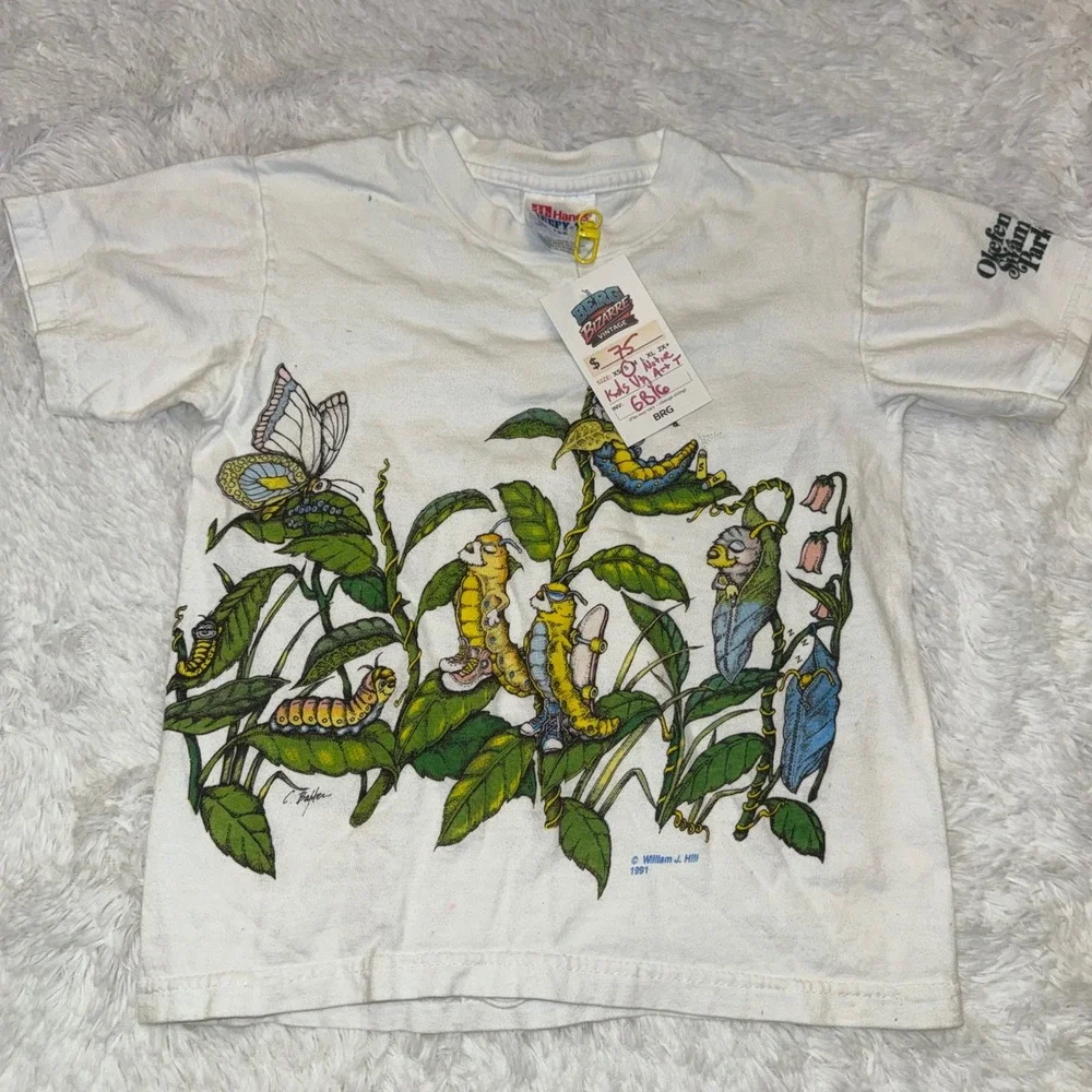 Hanes T-Shirt Kids S White Excellent 1991 William J Hill Nature Graphic Vintage